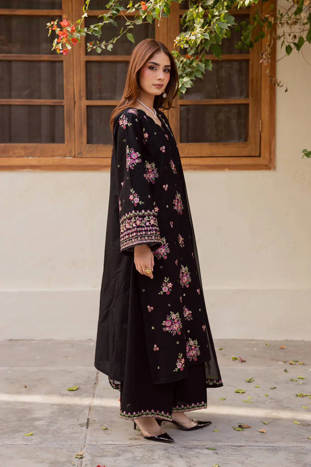 Black Pink 3Pc Embroidered Dress