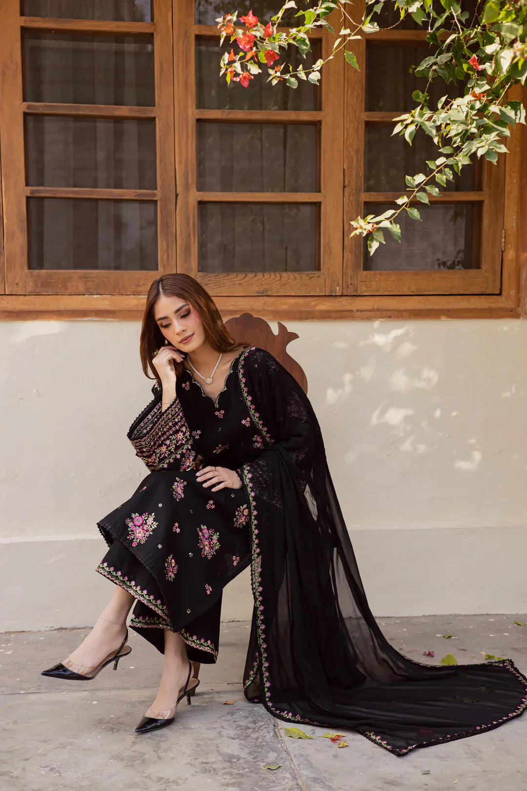 Black Pink 3Pc Embroidered Dress