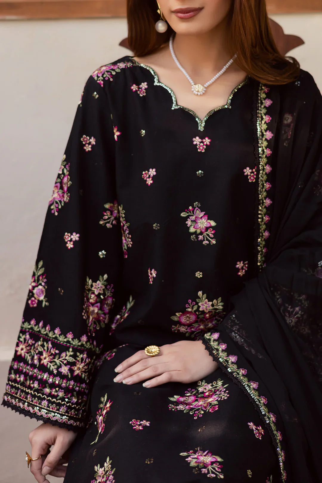 Black Pink 3Pc Embroidered Dress
