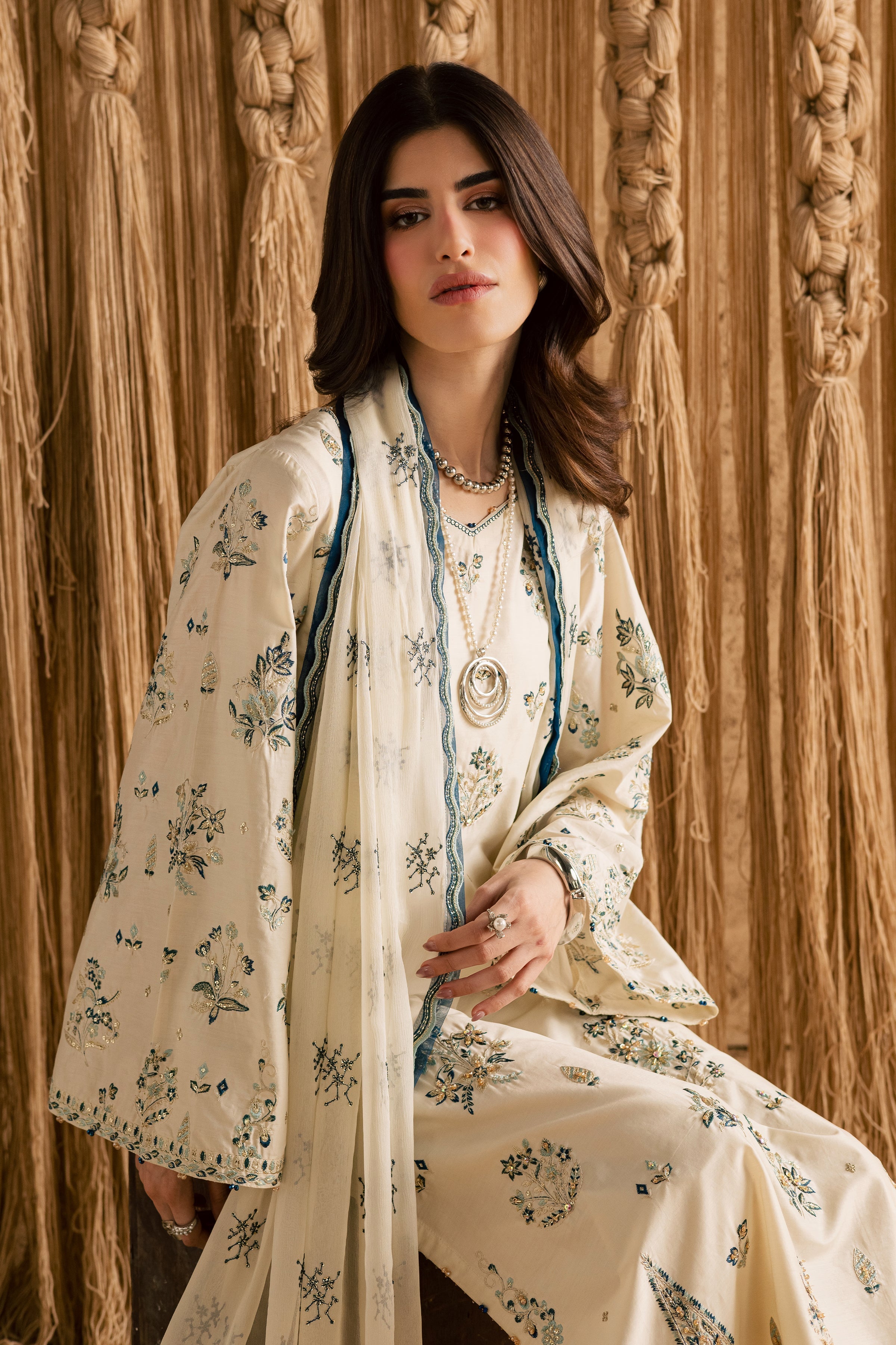 White Sky 3Pc Embroidered Dress