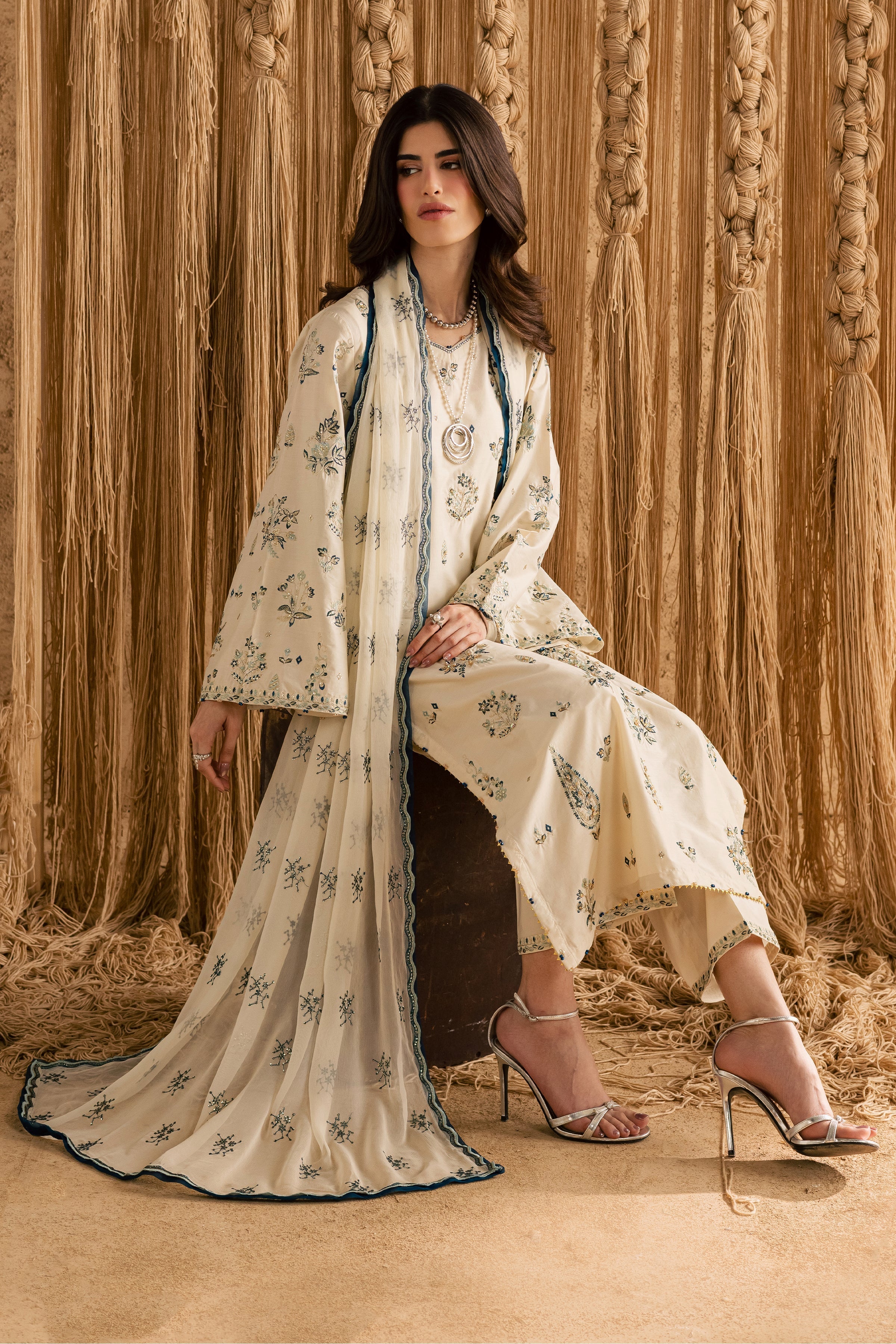 White Sky 3Pc Embroidered Dress
